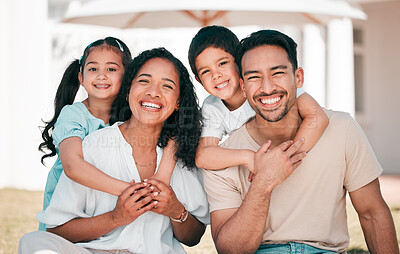 Buy stock photo Kids, parents and happy family portrait together outdoor at house, home or backyard in summer with happiness on holiday. Man, woman and children with smile on face for bonding, time and vacation