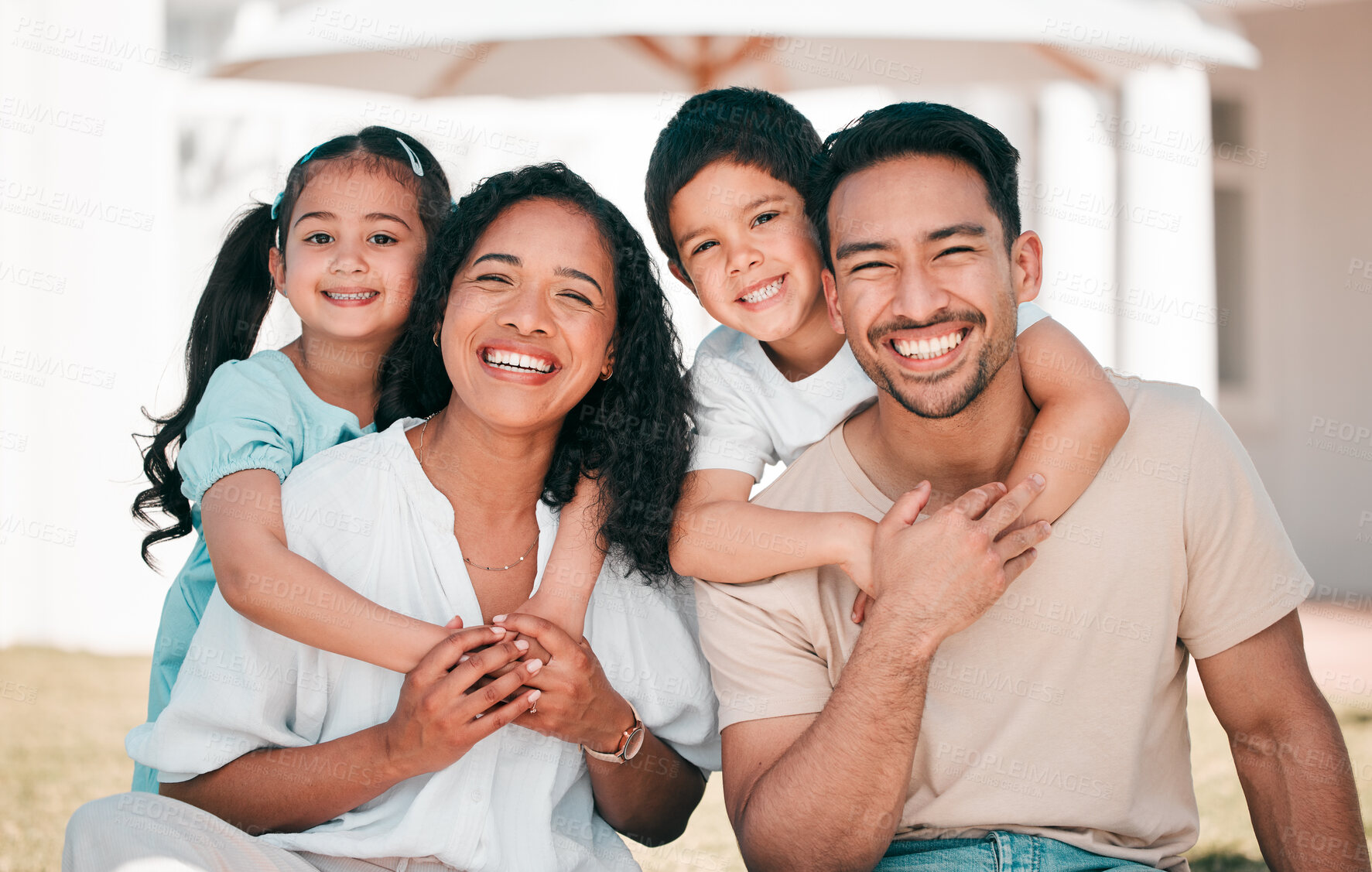 Buy stock photo Kids, parents and happy family portrait together outdoor at house, home or backyard in summer with happiness on holiday. Man, woman and children with smile on face for bonding, time and vacation