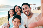 Selfie of mom, dad and kids at holiday accommodation at ocean for picnic, bonding and fun smile together. Digital photography, happy family and quality time vacation in yard of beach house in Mexico.