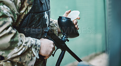 Buy stock photo Hands, paintball and gun with battle and military training, sports and combat with camouflage. Fitness, soldier and war games with warrior, mission and army person, challenge and hero with weapon