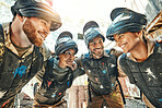Paintball, happy team and meeting in huddle for game plan, collaboration or strategy on battle field together. Group of paintballers smile in war discussion, teamwork or motivation before match start