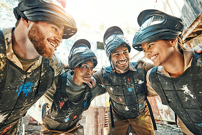 Buy stock photo Paintball, happy team and meeting in huddle for game plan, collaboration or strategy on battle field together. Group of paintballers smile in war discussion, teamwork or motivation before match start