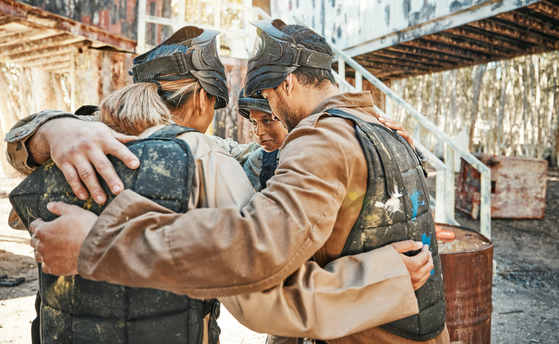 Buy stock photo Paintball game, group huddle and team support, discussion and talk about training challenge, battlefield collaboration or survival. War mission, friends circle and people listening to battle tactics