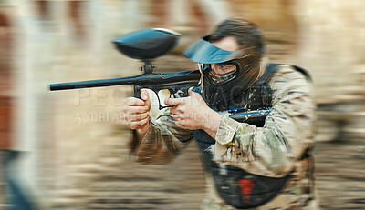 Buy stock photo Paintball gun, gear or man shooting competition, aim and target soldier, warrior or action player in battlefield game arena. Outdoor blur, rifle or male shooter focus on battle, conflict or challenge