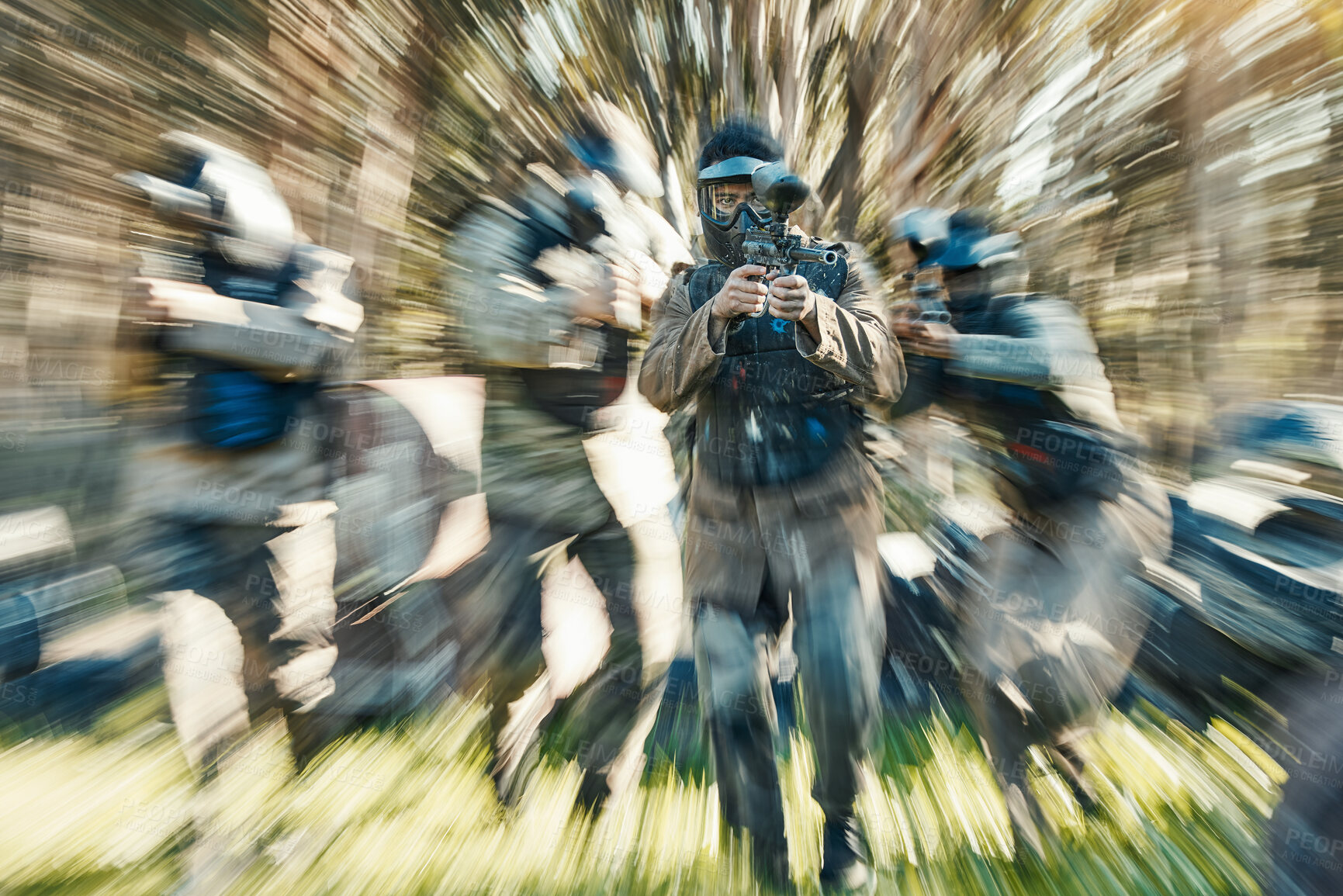 Buy stock photo Fast, sports and paintball with man in game for playground, motion blur and gaming. Challenge, mission and soldier action with people shooting in battlefield arena for target, gun or warrior training