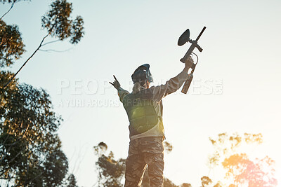 Buy stock photo Paintball game, winning and woman celebrate battlefield success, military training achievement or victory. Army mission, nature sky and back of female winner of competition, war conflict or challenge