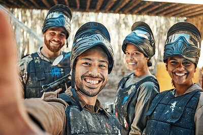 Buy stock photo Paintball team, happy selfie and group together, smile and happiness for action game, army mission and memory photo. Battlefield arena, war soldier and military post training picture to social media
