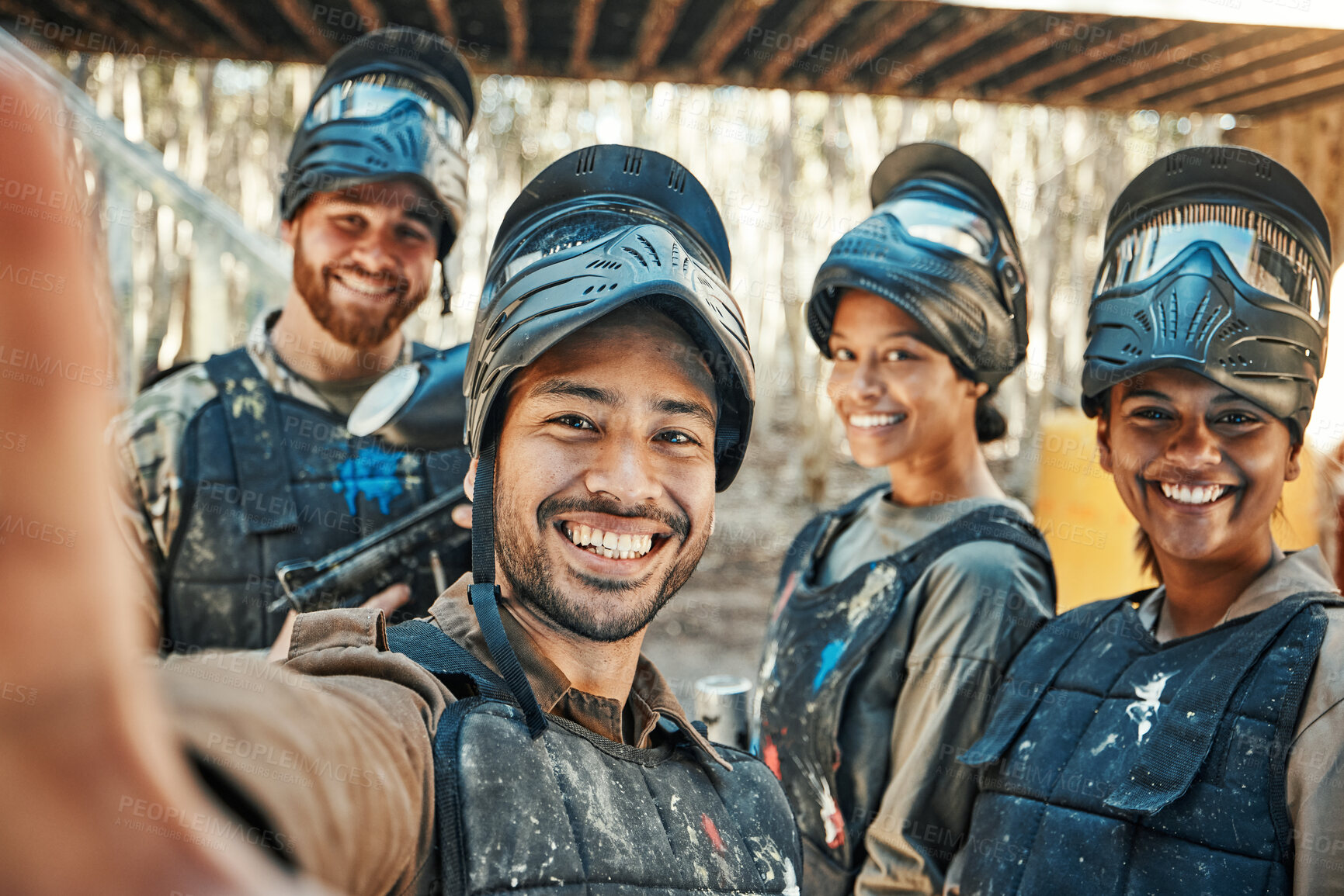 Buy stock photo Paintball team, happy selfie and group together, smile and happiness for action game, army mission and memory photo. Battlefield arena, war soldier and military post training picture to social media