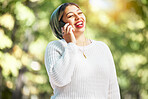 Woman, phone call and talk with laugh in park, communication and funny chat in summer sunshine. Muslim student girl, smartphone and comic conversation with listening, contact and thinking outdoor