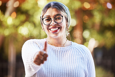 Buy stock photo Young woman, thumbs up in portrait and smile, agreement and yes emoji with like sign and happiness. Deal, support and positive feedback, female person with review and good luck, opinion and vote
