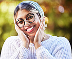 Portrait, smile and girl in outdoor or nature with glasses in summer with beauty or freedom. Nerd, happy and face with student at park with peace or positive mindset for fashion with turban scarf.