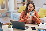 Happy woman, student and coffee by desk for morning study, knowledge or education at home. Female person or freelancer in relax enjoying or drinking beverage for studying scholarship in living room