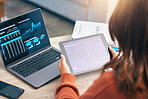 Woman with laptop, tablet and data analytics, information and research in business management for stock market trading. Technology, dashboard with graphs and charts, trader at desk in office with app