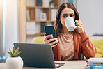 Remote work from home, coffee and woman with smartphone, message and research for a project. Female person, freelancer or entrepreneur with a tea, espresso and cellphone with network and social media