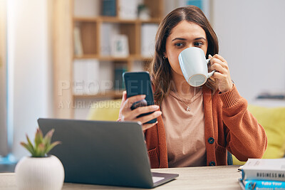 Buy stock photo Remote work from home, coffee and woman with smartphone, message and research for a project. Female person, freelancer or entrepreneur with a tea, espresso and cellphone with network and social media