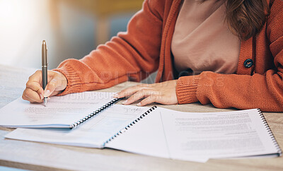 Buy stock photo Woman, hands and writing on documents for signing contract, form or application on desk at home. Closeup of female person working on paperwork, notes or filling in survey for legal agreement or deal