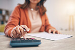 Finance, woman and hands at calculator for budget, taxes report and accounting documents at home. Closeup of person, notes and planning savings, investment money or administration for financial bills