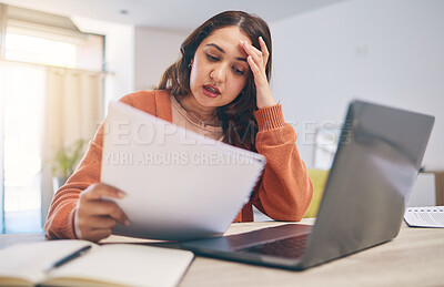 Buy stock photo Documents, stress and woman on laptop in home with paperwork for online banking, finance and taxes. Remote work, worry and female person with computer for debt payment, financial report and bills