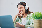 Laptop, education and headphones with woman in home office for elearning, study and blog. Digital, online class and college with female student and research for streaming, virtual and subscription