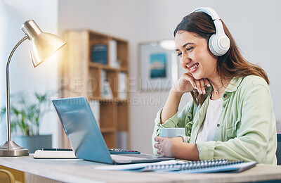 Buy stock photo Laptop, study and headphones with woman in home office for elearning, education and blog. Digital, online class and college with female student and research for streaming, virtual and subscription