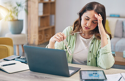 Buy stock photo Remote work, stress and woman on laptop in home with deadline for project, report and online task. Burnout, overworked and female person with anxiety, frustrated and worry for freelance business