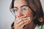 Shocked, wow and woman with glasses, surprise, announcement and mockup with gossip. Omg, female person and girl with eyewear, expression and reaction to news, covering mouth and emoji with anxiety