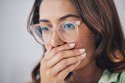 Buy stock photo Shocked, wow and woman with glasses, surprise, announcement and mockup with gossip. Omg, female person and girl with eyewear, expression and reaction to news, covering mouth and emoji with anxiety