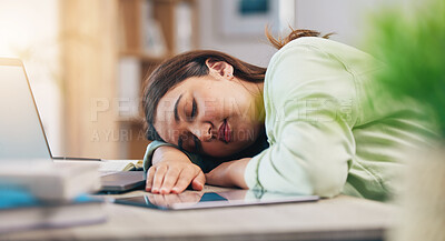 Buy stock photo Tired, sleeping and woman on laptop for remote work exhausted for project, report and working from home. Stress, overworked and female person with burnout for nap, relaxing and resting from fatigue