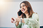 Phone call, watch and woman checking the time in the office while talking on a cellphone. Happy, smile and young female person on a mobile conversation with technology for a schedule in the workplace