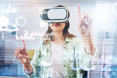 Buy stock photo Business woman, hologram and ar chart for press, glasses or big data analysis in metaverse web design. Futuristic seo expert, virtual reality vision and click for coding, programming and 3d overlay