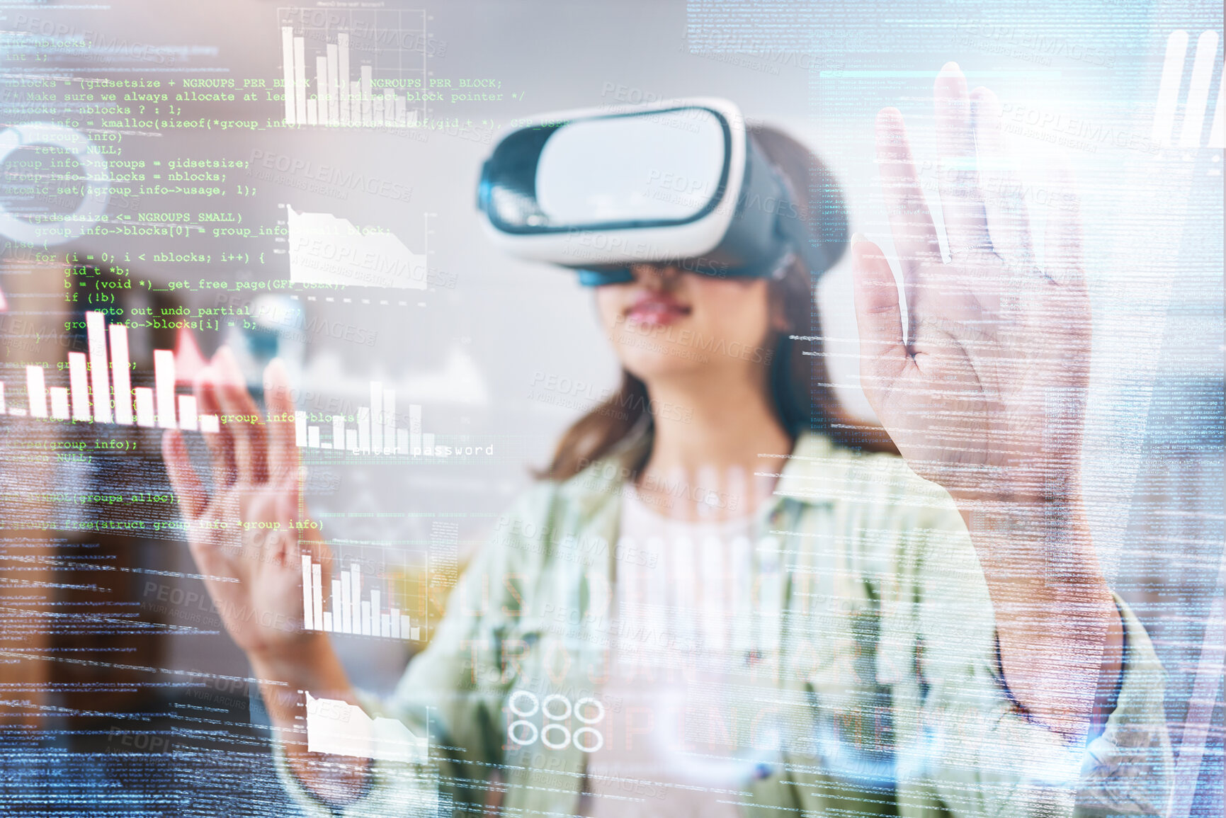 Buy stock photo Business woman, vr and holographic chart with glasses, big data analysis or trading in metaverse. Futuristic finance expert, augmented reality vision or graph for crypto, stock market or 3d ux at job