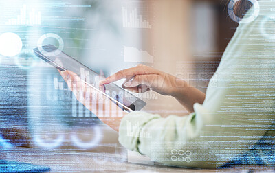 Buy stock photo Hands of woman, dashboard and overlay of data analytics, tablet and research in stock market business management. Future technology, hologram with graphs and charts, trader with digital information.