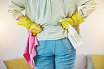 Back, cleaning and supplies with a woman in the living room of her home for disinfection or hygiene. Product, bacteria and housekeeping with a female cleaner holding a spray bottle in her apartment