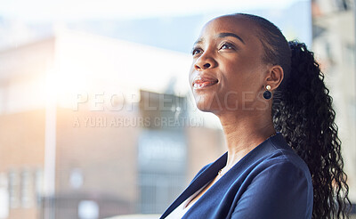 Buy stock photo Office professional, face and thinking black woman, bank consultant and brainstorming plan, ideas or strategy. Window, problem solving and business person planning  corporate choice, job or future