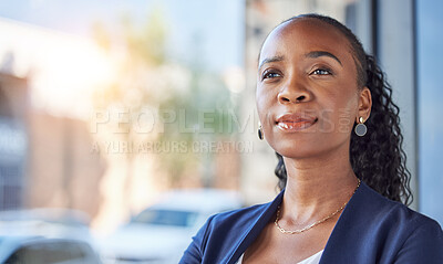 Buy stock photo Black woman, thinking and business, future and ideas with lawyer and career at law firm. African female attorney at office, professional mindset and mockup space, inspiration with focus and vision