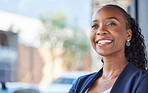 Professional, confident face and happy black woman, bank consultant or agent smile for administration career. Window, happiness and business person proud for corporate success, office job or mockup