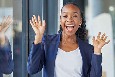 Buy stock photo Black woman, excited in portrait and business, confidence and happy with lawyer and career success at law firm. African female attorney at office, positive and professional mindset in corporate job