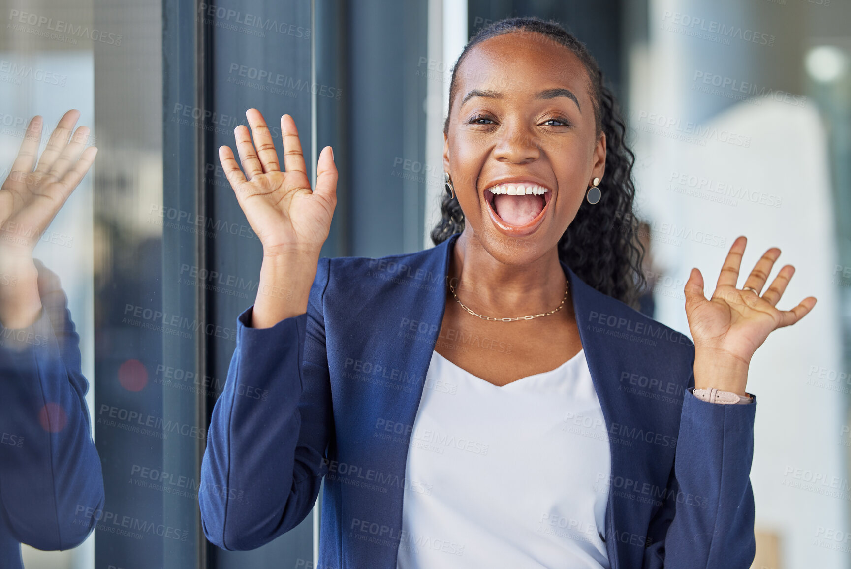 Buy stock photo Black woman, excited in portrait and business, confidence and happy with lawyer and career success at law firm. African female attorney at office, positive and professional mindset in corporate job