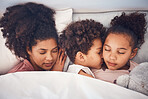 Mother, children and sleeping in bed together at home for security, bonding and comfort. Healthy, peace and a woman and kids nap, dream and rest or relax in a bedroom with love, care and safety