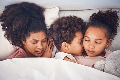 Buy stock photo Mother, children and sleeping in bed together at home for security, bonding and comfort. Healthy, peace and a woman and kids nap, dream and rest or relax in a bedroom with love, care and safety