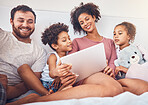 Bed, tablet and happy family streaming, movies or games while bonding, relax and play in their home. Online, subscription and children with parents in a bedroom for entertainment, fun and watching