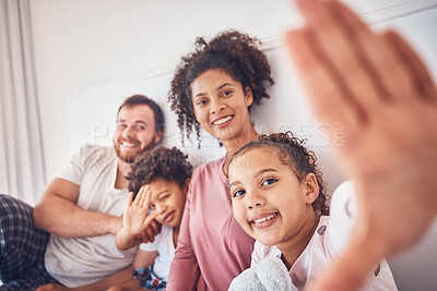 Buy stock photo Selfie, smile and a happy family on a bed at home for quality time, bonding and morning. Profile picture, portrait and a man, woman and children together in a bedroom with love, care and comfort