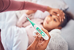 Sick child in bed, mother and thermometer for fever, virus and flu with illness, care and health. Mother, kid and woman check temperature, home or support with fever, love, forehead or medical issue