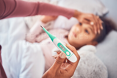 Buy stock photo Sick child in bed, mother and thermometer for fever, virus and flu with illness, care and health. Mother, kid and woman check temperature, home or support with fever, love, forehead or medical issue