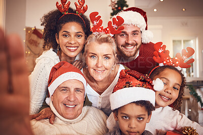 Buy stock photo Christmas, portrait and selfie of big family in home, bonding and together. Xmas, smile and face of parents, children and grandparents, interracial or profile picture at party, celebration or holiday