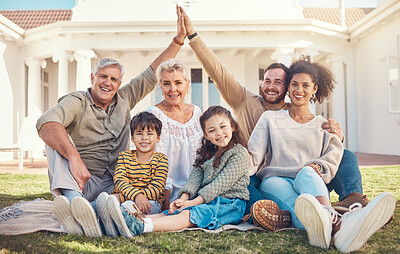 Buy stock photo Portrait, high five and a family in the garden of their home together during a visit with grandparents. Diversity, love and children with their parents on a lawn in the backyard for bonding in summer