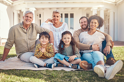 Buy stock photo Family, portrait and happiness, people relax on lawn and love, grandparents and parents with children outdoor. Men, women and kids with generations, trust and care with bonding in garden together