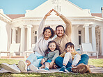 Parents, hands together and protection with children, relax on lawn and happiness in portrait while at home. Safety, security and insurance, people with smile and support, trust and love with care