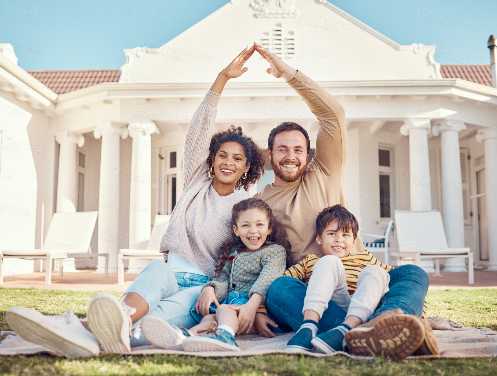 Buy stock photo Parents, hands together and protection with children, relax on lawn and happiness in portrait while at home. Safety, security and insurance, people with smile and support, trust and love with care