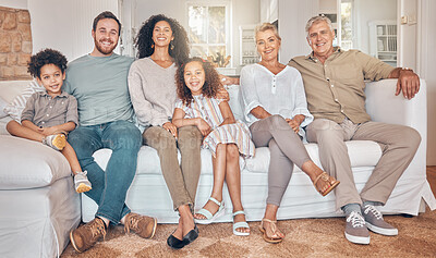 Buy stock photo Happy big family, portrait and relax on sofa together for holiday weekend or bonding at home. Interracial parents, grandparents and kids smile in happiness for quality time on couch in living room